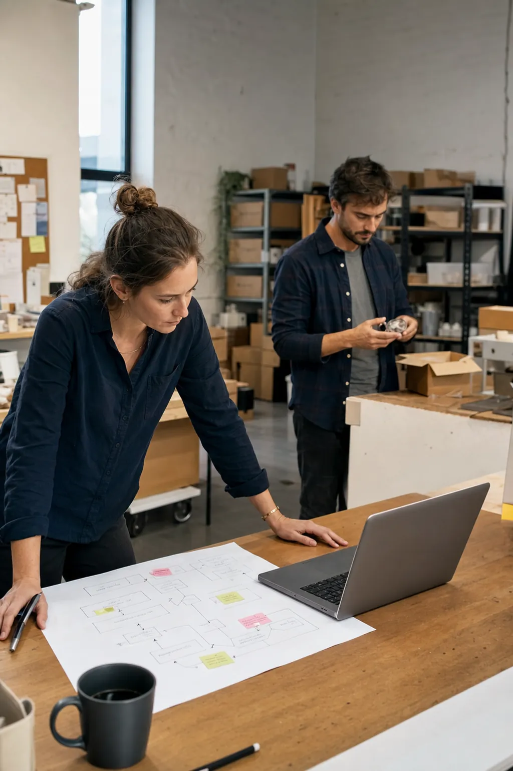 Deux personnes vérifient une automatisation dans un atelier.