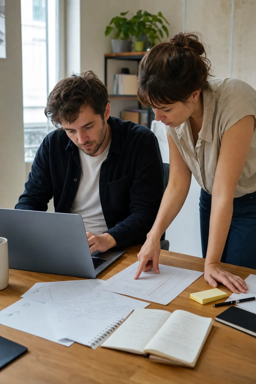 Deux collègues vérifient ensemble le résultat produit par un agent IA.